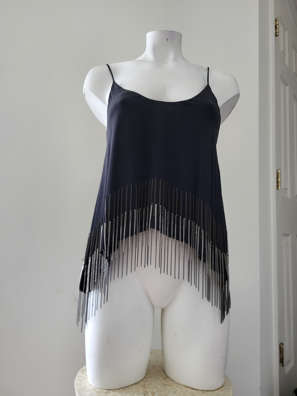 Sheri Bodell Black Fringe-Trim Silk Camisole